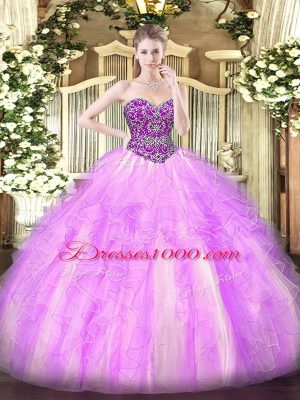 Floor Length Lace Up Sweet 16 Dresses Lilac for Military Ball and Sweet 16 and Quinceanera with Beading and Ruffles