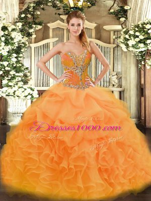 High Class Orange Lace Up Sweetheart Beading and Ruffles Sweet 16 Dress Organza Sleeveless