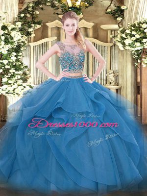 Customized Blue Lace Up Scoop Beading and Ruffles Sweet 16 Quinceanera Dress Tulle Sleeveless