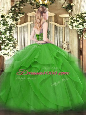 Customized Blue Lace Up Scoop Beading and Ruffles Sweet 16 Quinceanera Dress Tulle Sleeveless