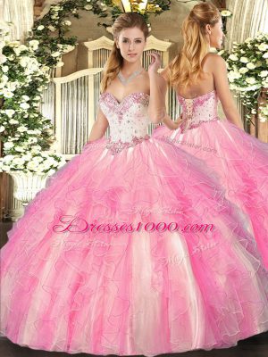 Best Selling Tulle Sweetheart Sleeveless Lace Up Beading and Ruffles Quinceanera Gown in Rose Pink
