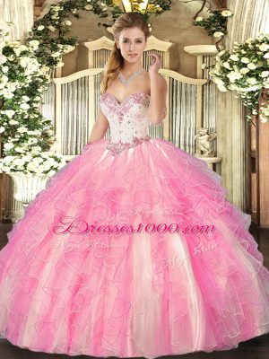 Best Selling Tulle Sweetheart Sleeveless Lace Up Beading and Ruffles Quinceanera Gown in Rose Pink