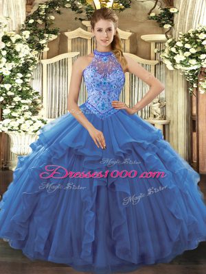 Blue Organza Lace Up Ball Gown Prom Dress Sleeveless Floor Length Beading and Embroidery and Ruffles