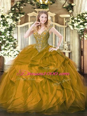 Glittering Sleeveless Organza Floor Length Lace Up Quinceanera Gowns in Brown with Beading and Ruffles