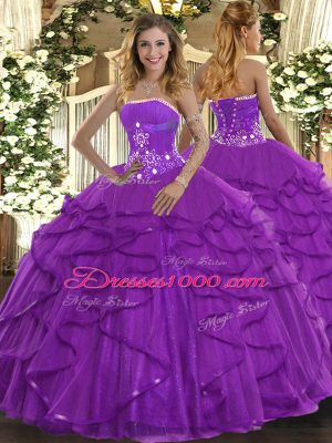 Trendy Sleeveless Tulle Floor Length Lace Up Ball Gown Prom Dress in Purple with Beading and Ruffles
