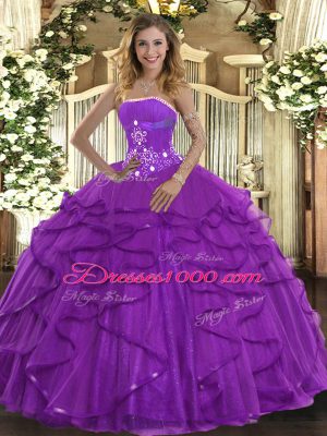 Trendy Sleeveless Tulle Floor Length Lace Up Ball Gown Prom Dress in Purple with Beading and Ruffles