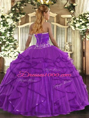 Trendy Sleeveless Tulle Floor Length Lace Up Ball Gown Prom Dress in Purple with Beading and Ruffles