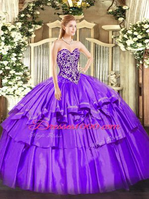 Sweet Floor Length Purple Vestidos de Quinceanera Organza and Taffeta Sleeveless Beading and Ruffled Layers