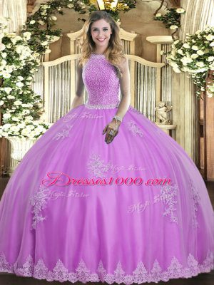 Lilac Tulle Lace Up High-neck Sleeveless Floor Length Vestidos de Quinceanera Beading and Appliques