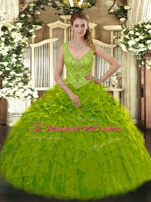 Delicate Olive Green Ball Gowns V-neck Sleeveless Organza Floor Length Zipper Beading and Ruffles Quinceanera Gown