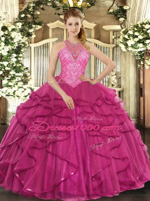 Floor Length Hot Pink Quinceanera Dress High-neck Sleeveless Lace Up