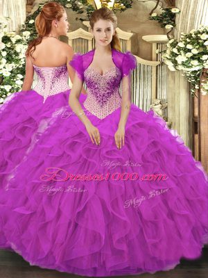 Charming Fuchsia Ball Gowns Organza Sweetheart Sleeveless Beading and Ruffles Floor Length Lace Up Ball Gown Prom Dress