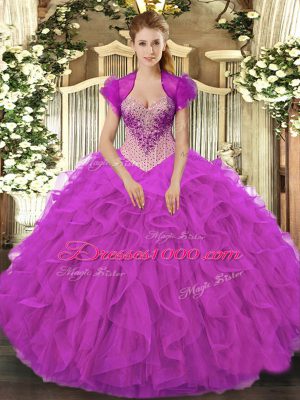 Charming Fuchsia Ball Gowns Organza Sweetheart Sleeveless Beading and Ruffles Floor Length Lace Up Ball Gown Prom Dress