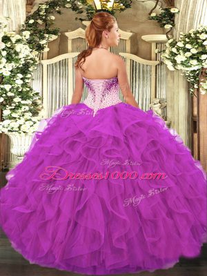 Charming Fuchsia Ball Gowns Organza Sweetheart Sleeveless Beading and Ruffles Floor Length Lace Up Ball Gown Prom Dress