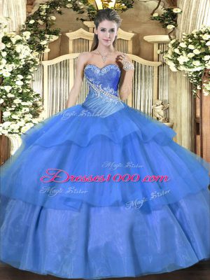 Pretty Blue Lace Up Quinceanera Gowns Beading and Ruffled Layers Sleeveless Floor Length