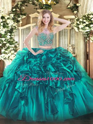 Sleeveless Floor Length Beading and Ruffles Lace Up 15 Quinceanera Dress with Teal