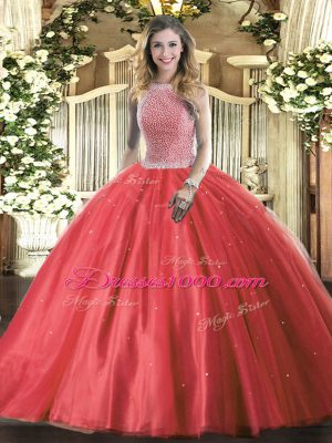 New Arrival Red Sleeveless Floor Length Beading Lace Up Sweet 16 Dress