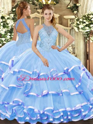 Admirable Aqua Blue Ball Gowns Halter Top Sleeveless Organza Floor Length Lace Up Beading and Ruffled Layers Quinceanera Gowns