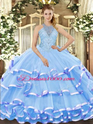 Admirable Aqua Blue Ball Gowns Halter Top Sleeveless Organza Floor Length Lace Up Beading and Ruffled Layers Quinceanera Gowns