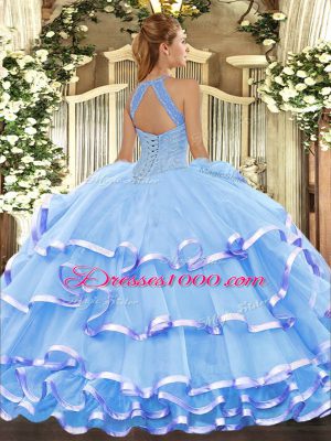 Admirable Aqua Blue Ball Gowns Halter Top Sleeveless Organza Floor Length Lace Up Beading and Ruffled Layers Quinceanera Gowns