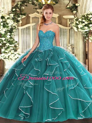 High Quality Teal Sleeveless Beading and Ruffles Floor Length Quinceanera Dress