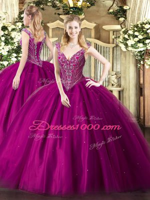 Designer Fuchsia Tulle Lace Up Sweet 16 Quinceanera Dress Sleeveless Floor Length Beading