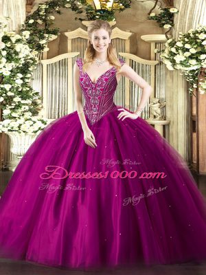 Designer Fuchsia Tulle Lace Up Sweet 16 Quinceanera Dress Sleeveless Floor Length Beading