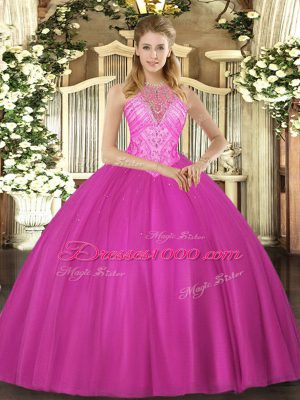 Romantic Beading Quince Ball Gowns Fuchsia Lace Up Sleeveless Floor Length