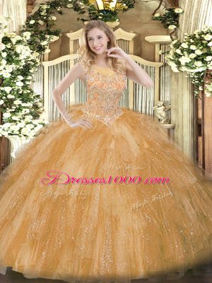 Gold Sleeveless Tulle Zipper Vestidos de Quinceanera for Military Ball and Sweet 16 and Quinceanera