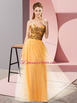 Stylish Gold Empire Sequins Prom Party Dress Lace Up Tulle Sleeveless Floor Length