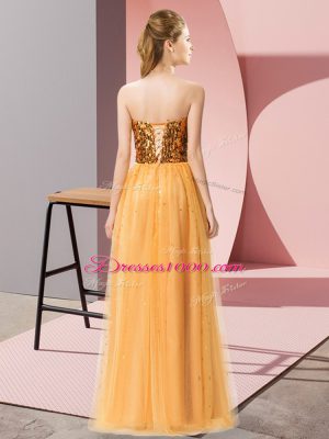 Stylish Gold Empire Sequins Prom Party Dress Lace Up Tulle Sleeveless Floor Length