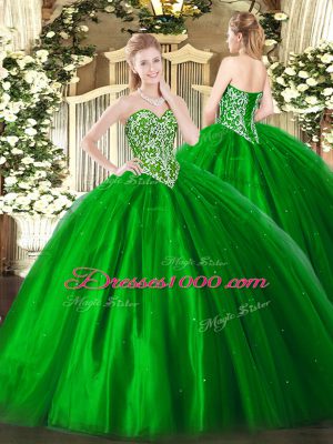 Comfortable Sleeveless Tulle Floor Length Lace Up 15th Birthday Dress in Green with Beading