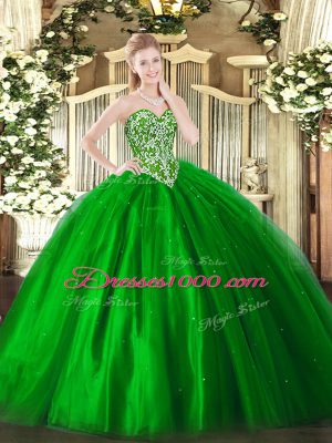 Comfortable Sleeveless Tulle Floor Length Lace Up 15th Birthday Dress in Green with Beading