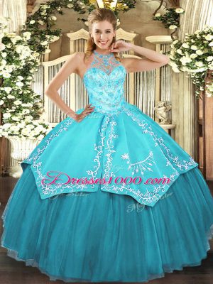 Aqua Blue Sleeveless Floor Length Beading and Embroidery Lace Up Sweet 16 Dress