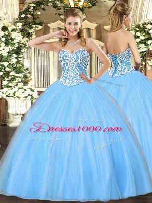 Cheap Beading Ball Gown Prom Dress Aqua Blue Lace Up Sleeveless Floor Length