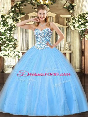 Cheap Beading Ball Gown Prom Dress Aqua Blue Lace Up Sleeveless Floor Length