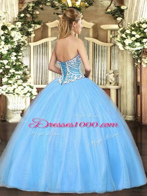 Cheap Beading Ball Gown Prom Dress Aqua Blue Lace Up Sleeveless Floor Length