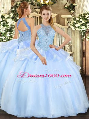 Light Blue Quinceanera Dresses Military Ball and Sweet 16 and Quinceanera with Beading Halter Top Sleeveless Lace Up
