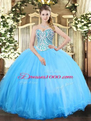 Fashion Aqua Blue Quinceanera Gowns Military Ball and Sweet 16 and Quinceanera with Beading Sweetheart Sleeveless Lace Up