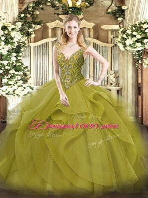 Stylish Olive Green Sleeveless Floor Length Beading and Ruffles Lace Up Sweet 16 Dresses