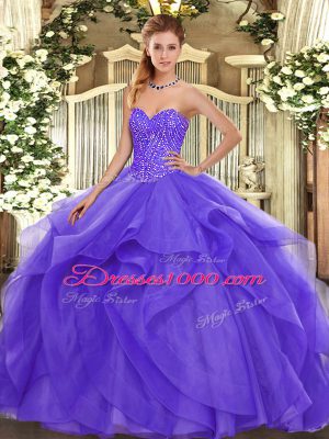 Sexy Sleeveless Floor Length Beading and Ruffles Lace Up Sweet 16 Quinceanera Dress with Lavender