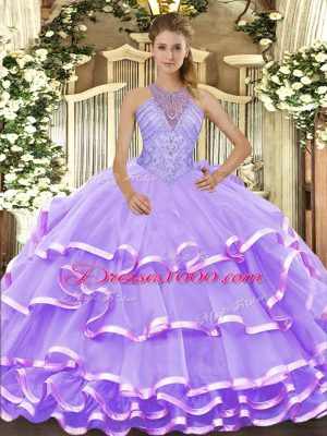 Lavender Lace Up Halter Top Beading and Ruffled Layers Sweet 16 Dress Organza Sleeveless