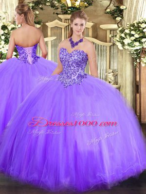 Lavender Sleeveless Floor Length Appliques Lace Up Ball Gown Prom Dress