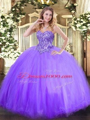 Lavender Sleeveless Floor Length Appliques Lace Up Ball Gown Prom Dress