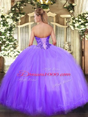 Lavender Sleeveless Floor Length Appliques Lace Up Ball Gown Prom Dress