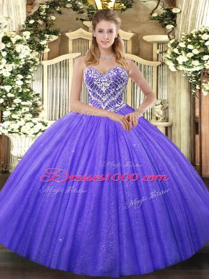 Purple Tulle Lace Up 15th Birthday Dress Sleeveless Floor Length Beading