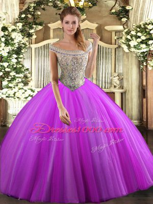 Cute Fuchsia Ball Gowns Beading Ball Gown Prom Dress Lace Up Tulle Sleeveless Floor Length