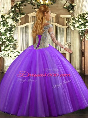 Cute Fuchsia Ball Gowns Beading Ball Gown Prom Dress Lace Up Tulle Sleeveless Floor Length