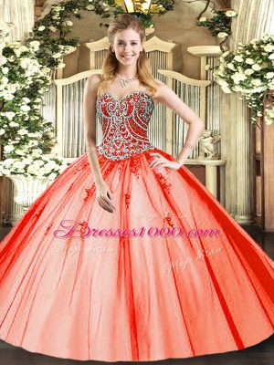Sweetheart Sleeveless Lace Up Vestidos de Quinceanera Orange Red Tulle