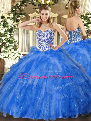 Fancy Blue Ball Gowns Sweetheart Sleeveless Tulle Floor Length Lace Up Beading and Ruffles Sweet 16 Dresses